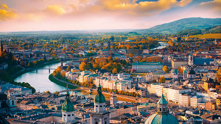 An aerial view of Austria and the Danube river in Autumn